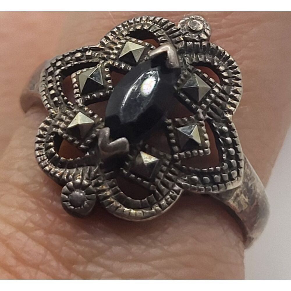 Victorian Black Onyx & Marcasite Ring 925 Size 9 signed 925